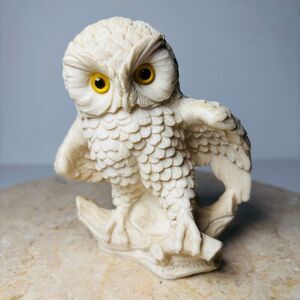 Vintage Alabaster Owl Figurine Made‎ in Italy Carved and Signed A. Santini White